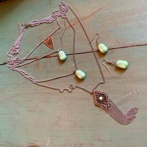 Silver Tone & Green Stone Layered Four Strand Necklace and Matching Earrings